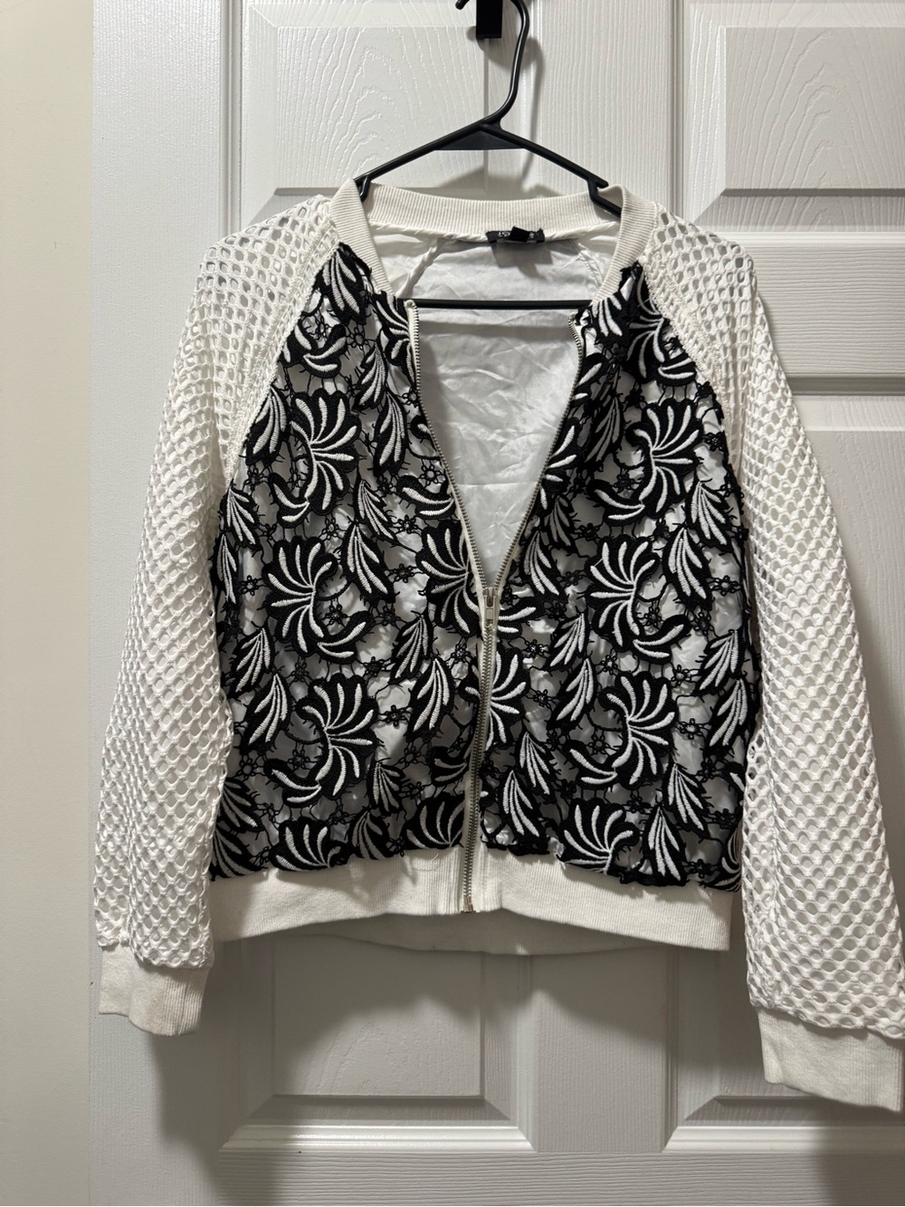 Jones New York White and Black Lace-Front Bomber Jacket - Picture 1 of 5
